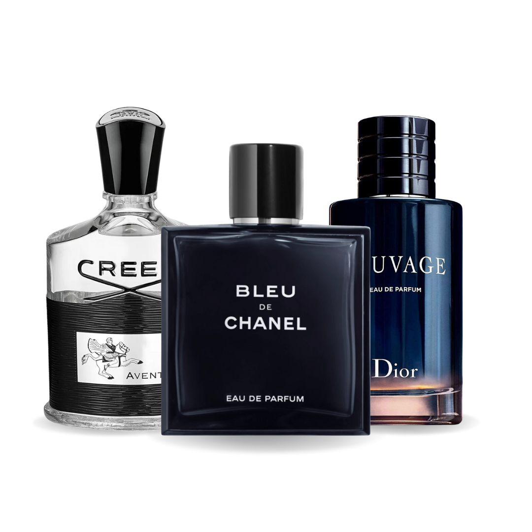 PACK DE 3 PERFUMES: CREED AVENTUS, BLEU DE CHANEL, DIOR SAUVAGE – 100ML